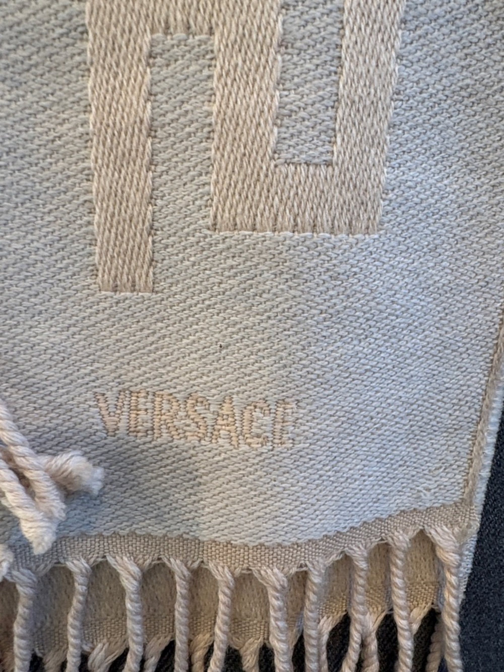 VERSACE Neutral Beige, Light Blue Fringe Scarf - Picture 2 of 5